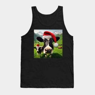 cow in the field wearing santa hat Tank Top